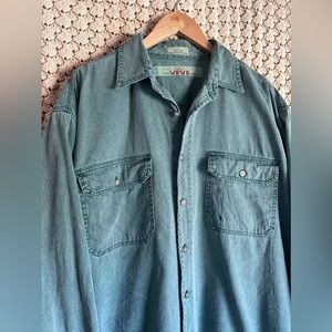 SOLD | Vtg Anchor Blue washed out faded teal color denim button down shirt